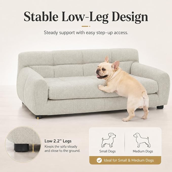 38"x22" DOD Sofa for Small & Medium Dogs | Removable Cushion Cover | Stable Low-Leg Frame | Breathable Linen Fabric | Armrest & Backrest | Easy to Clean | Beige
