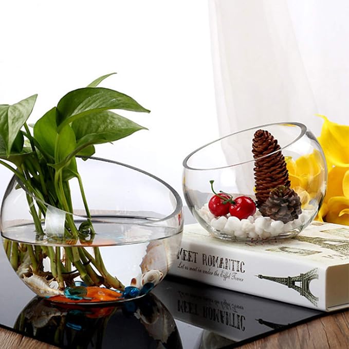 WGVI Clear Slant Cut Bowl Glass Vase, Glass Terrarium, Candy Dish, Glassware, Slant Cut, 7" Width, 6" Height (8 Pieces)