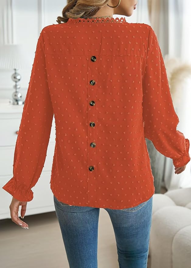 Womens Boho Tops Long Sleeve Shirts For Women Cute Crewneck Blouse Dressy Casual Swiss Dot Crochet Hollow Top 2026