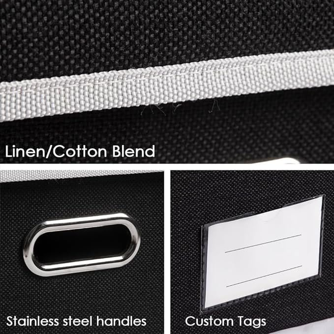 Storage Boxes with Lids [3-Pack] Fabric Collapsible Storage Bins Organizer Containers Baskets Cube with Cover for Home Bedroom Closet Office Nursery Black（11.4X8.6X6.7