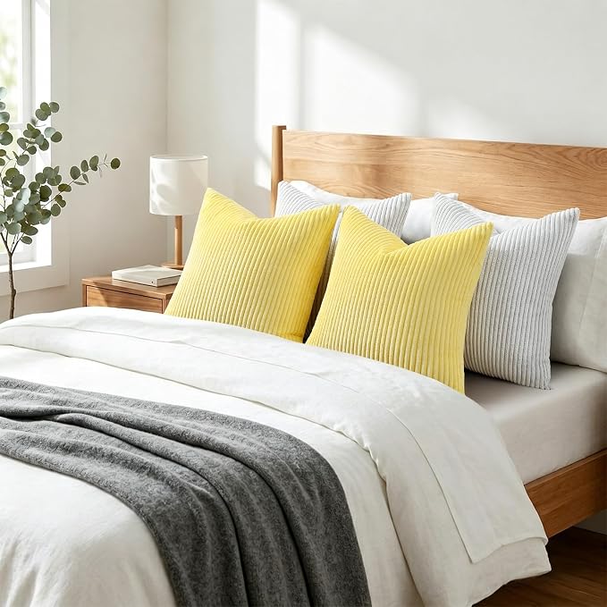Mecatny Corduroy Throw Pillow Covers 24x24 Set of 2 Sundress Yellow | Soft Striped Texture, Hidden Zipper Design, Neutral Boho Square Pillow Cases for Sofa Couch Living Room Bedroom, Home Décor