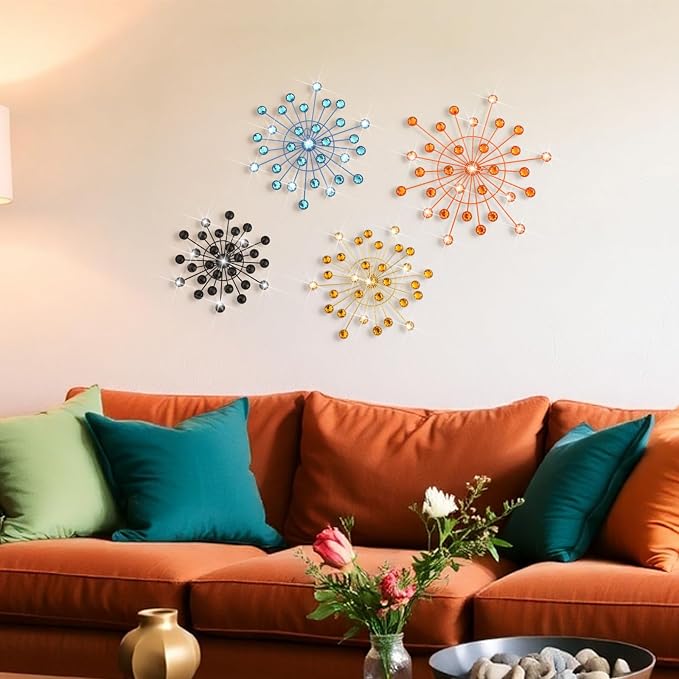 Blulu 4 Pcs Metal Wall Decor Bling Crystal Wall Art Cast Iron Rhinestones Sunburst Decor Starburst Art Hanging Diamond Accents Home Decorative for Living Room Bedroom Entryway (Mid Century)