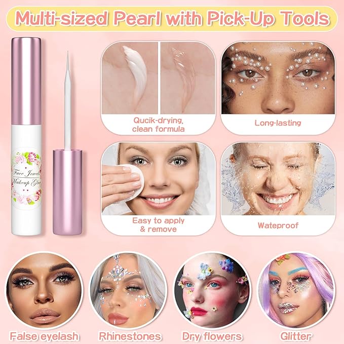 3600Pcs Face Gems Eye Pearls with SFX Makeup Glue Spirit Adhesive for Costume, Shynek Half Pearls Hair Rhinestone Beads Face Adhesive Makeup Flatback Gems for Nail Jewels Cosplay