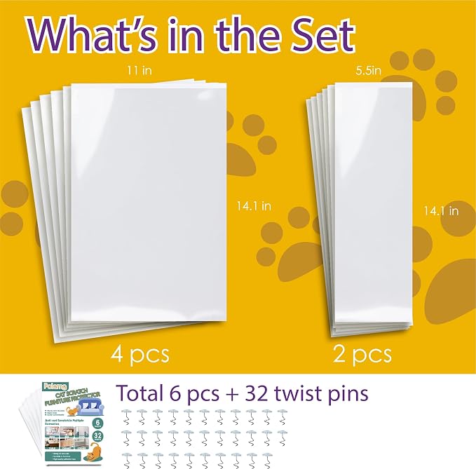 Anti-Cat Scratch Furniture Protector-6-Pack –Single-Sided, Heavy-Duty Self-Adhesive Tape, No-Residue for Couch, Doors & Walls - with 32 Twist Pins