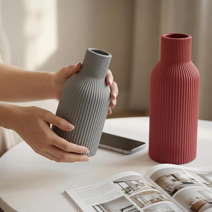 Colorful Ceramic Vases Set of 3, Matte Vertical Ribbed, Minimalist for Pampas Grass &Fresh Flowers, Centerpiece for Living Room,Shelf,Wedding (Mustard Yellow, Dusty Gray, Burgundy)