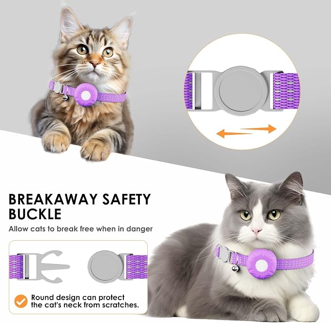 Cat Tracker, Lightweight GPS Tracker, Compatible with Apple Find My App(Only iOS), Waterproof Cat Trackers Collar with Bell and Safety Elastic Buckle, Real-Time Location Pet Tracker, Purple