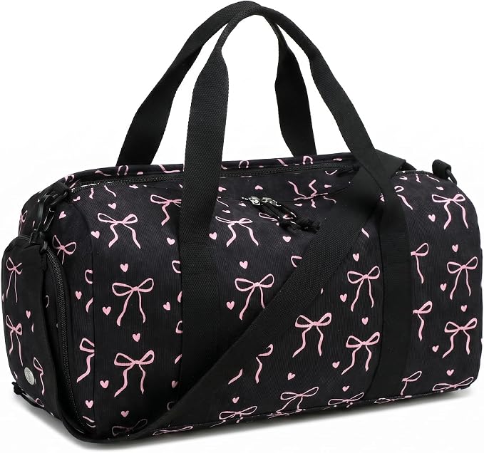 Gym Bag Sports Duffle Bag with Wet Pocket Weekender Overnight Bags with Waterproof Shoe Pouch and Air Hole for Girls Kids Women Workout Travel Bags (Bow Tie Black)