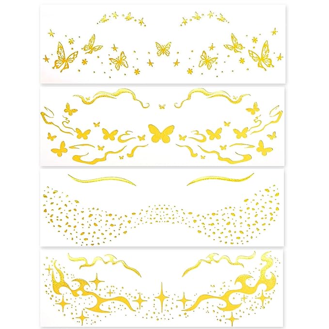 Gold Freckle Tattoo for Halloween - Glitter Temporary Face & Body Tattoos Set (8 Sheets) - Butterfly, Heart & Floral Fake Freckles for Women, Girls, Festival, Party, Costume Accessories