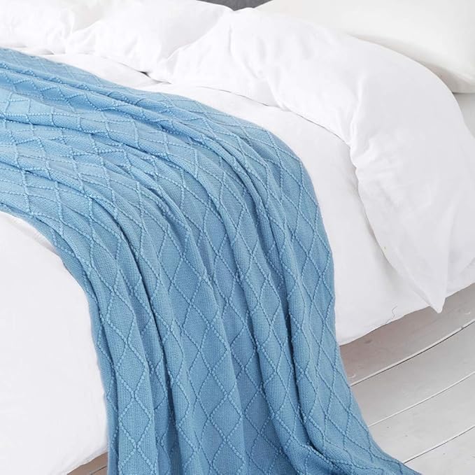 BOURINA Blue Throw Blanket 60x80 Inch Boho Knitted Soft Throw Sofa Blanket | Knitted Throw Blanket 60x80 Inches, Soft Lightweight Boho Weave Throw Decorative Couch Blanket for Living Room Bedroom Chair
