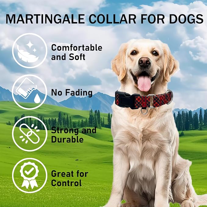 Christmas Martingale Collar for Dogs with Buckle, Red Plaid, M