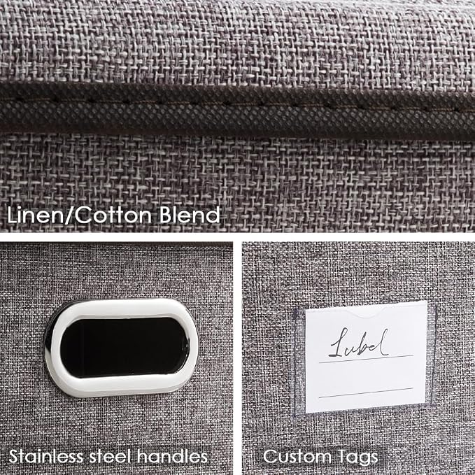 Storage Bins with Lids [3-Pack] Linen Fabric Foldable Storage Boxes Organizer Containers Baskets Cube with Cover for Home Bedroom Closet Office Nursery Grey（11.4X8.6X6.7