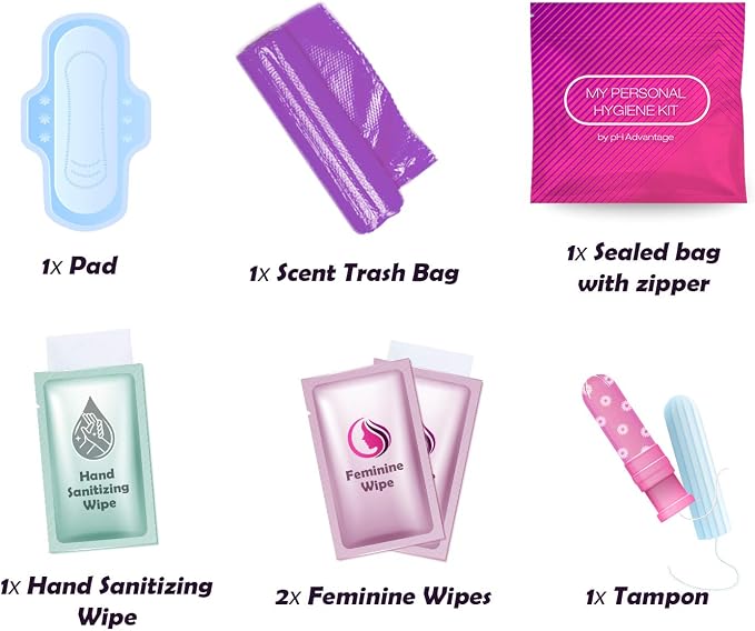 3 x Menstrual All-in-One Kits - Assorted Colors | Convenience on The Go | Single Period Kit Packs | Individually Wrapped Feminine Hygiene Products (Rainbow and Unicorns/Pink/Purple)
