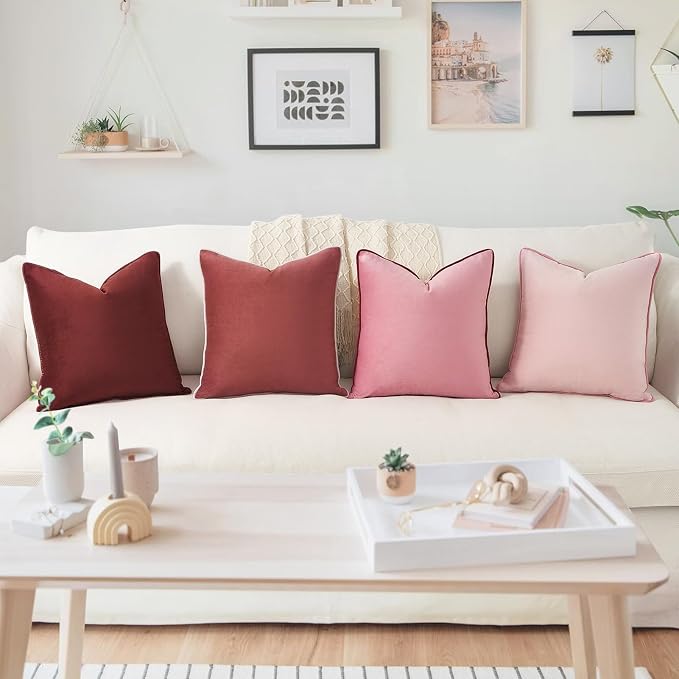 MONDAY MOOSE Decorative Throw Pillow Covers Cushion Cases, Set of 4 Soft Velvet Modern Double-Sided Designs, Mix and Match, Pillow Inserts Not Included (16x16 inch, Pink/Dark Pink)