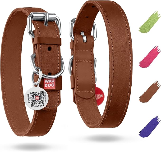 WAUDOG Genuine Leather Dog Collar Adjustable Large Medium Small QR Code Tag