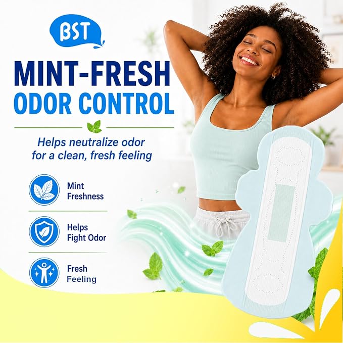 BST Mint Fresh Pads for Women, Breathable Thin Sanitary Napkins with Wings, Odor Control, Heavy Absorbency, Feminine Care, Active Lifestyle Use（Large 6 Count Packaging May Vary）