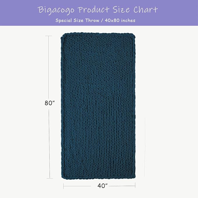 Bigacogo Chunky Knit Throw Blanket for Couch, 40x80 inches, Deep Sea Blue | Hand Knit with Jumbo Chenille, Soft Breathable Cable Knit for Sofa Bed Living Room, Machine Washable, Gift for Mom Friend