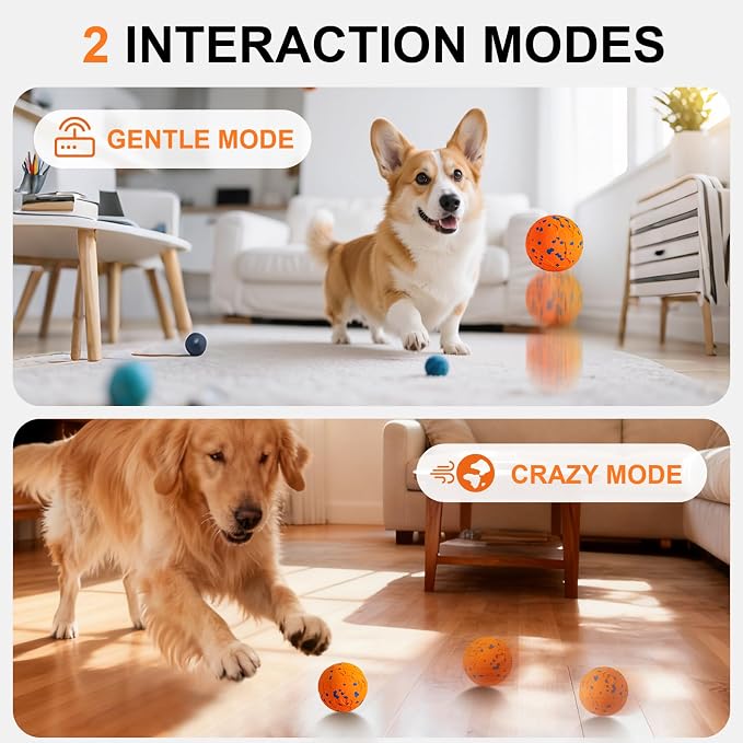 Smart Dog Toy Ball with Interactive Modes, IPX7 Waterproof, USB Rechargeable Auto-Moving Pet Ball, Self Moving Bouncing Dog Ball, Durable Electronic Dog Toy for Active Large Breed Puppies&Dogs（Orange）