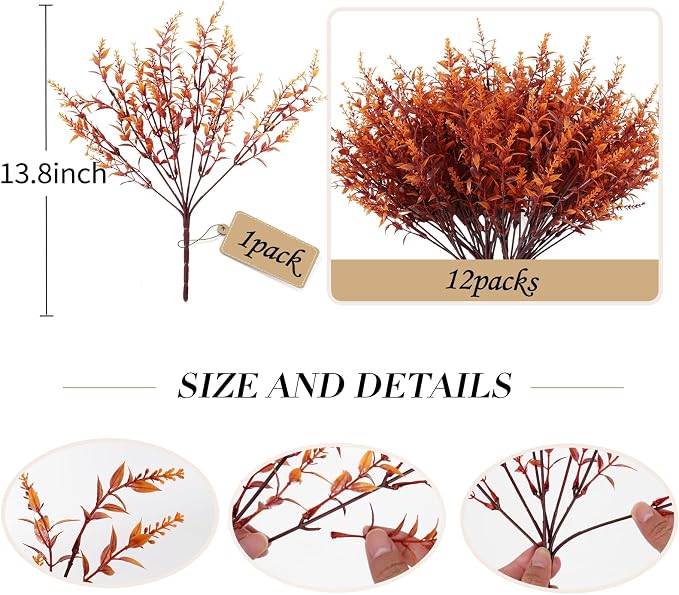 RECUTMS Artificial Fall Outdoor Plants Faux Lavender Flowers Fake Greenery | 12 Pack,Autumn Decor,UV Artificial Brown Flowers for Outside Fake Plastic Plants Faux Greenery for Garden Patios Fall Wedding