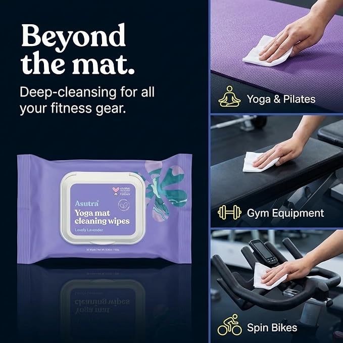 ASUTRA Yoga Mat Cleaning Wipes (Lovely Lavender), 3 Pouches (30 Wipes Each) - No Slippery Residue, Deep-Cleansing for Fitness Gear & Gym Equipment