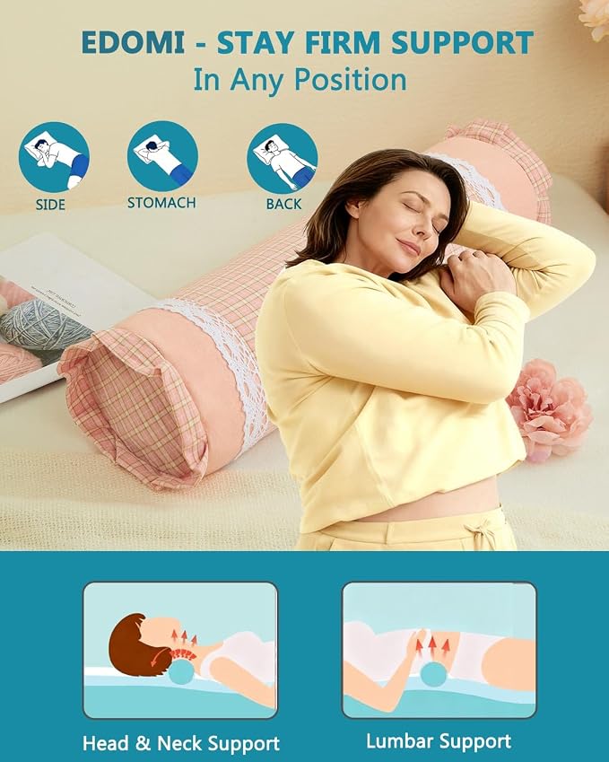 Buckwheat Cylinder Neck Pillow,15.7"x4.7" Adjustable Hull Filling for Firm Support, Checkered Pattern Ergonomic Roll Pillow, Ergonomic Bolster Removable Washable Cover, Pink