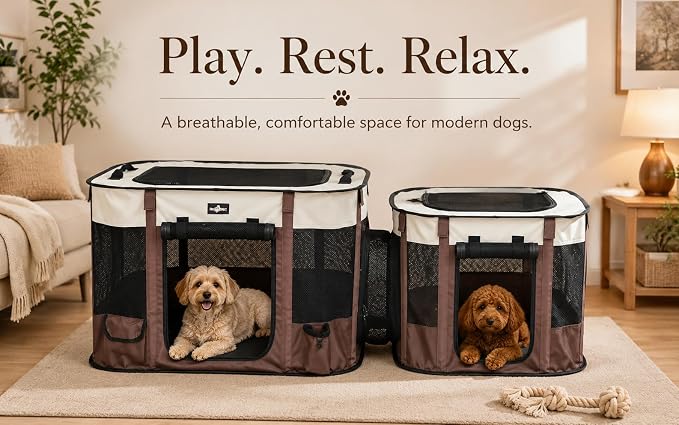 Paw Ballet 2-in-1 Dual-Zone Pet Playpen for Cats & Small Dogs, Portable Indoor Outdoor Pet Enclosure with Connected Rest & Feeding Areas, Foldable Pet Tent with Carrying Bag
