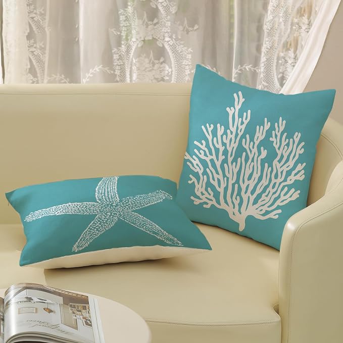 Coastal Pillow Covers 16x16 Set of 2 Aqua Teal Turquoise Coral Starfish Throw Pillows Nautical Ocean Decorations Summer Linen Beach Pillowcase Outdoor Decor Farmhouse Cushion Case for Couch