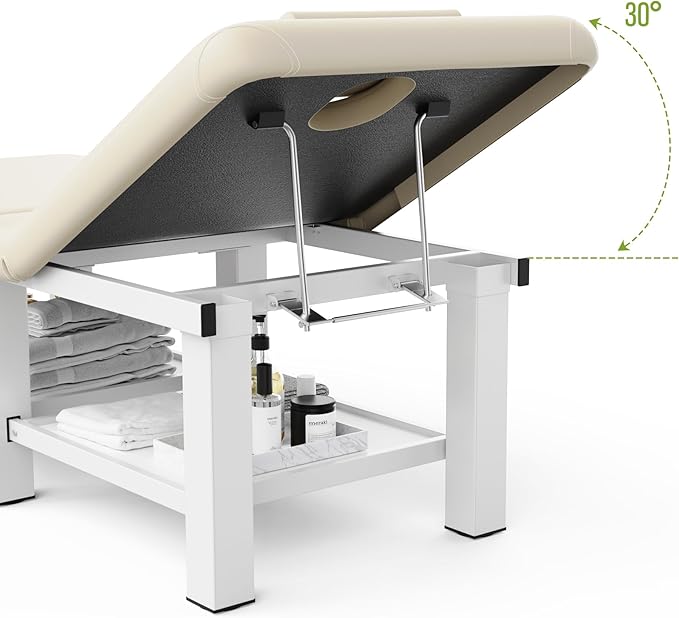 pouseayar Stationary Massage Table Folding Bed with Backrest for Treatment Table Physical Therapy Table Spa Facial Bed, Metal Frame PU Leather, 30.5'' Wide × 75'' Long - Beige Gray