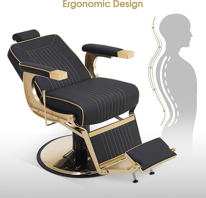 BarberPub Classic Barber Chair, 660Lbs Heavy-Duty Hydraulic Pump, Professional Reclining Salon Chair for Hair Stylist, Gold&Black, Barbershop, Salon&Spa Equipment for Adult 8334 (Black) (Black&Gold)