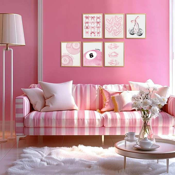 Cute Pink Girl Poster Set of 6, Light Pink Coquette Wall Art Trendy Lucky 8 Ball Wall Decor Paintings Pastel College Apartment Bedroom Living Room Dorm 12x16 inch Unframed