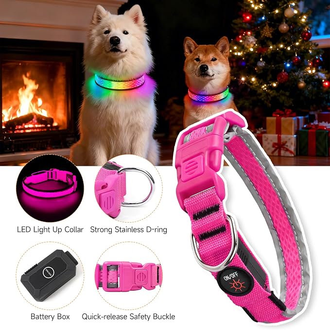 LED Dog Collar, Light Up Dog Collar,for Night Walking(Small,Pink) | Adjustable,Bright RGB 7 Colors Light Glowing Collar,Waterproof,Nylon,Soft,For Small and Medium Dogs,USB C to Charge