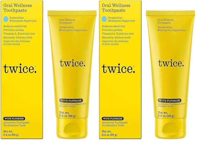 Twice Twice Oral Wellness Toothpaste with Fluoride – Natural Anticavity Toothpaste for Sensitivity Relief, Whitening & Fresh Breath, Wintergreen Peppermint, 3.4oz (Pack of 2)