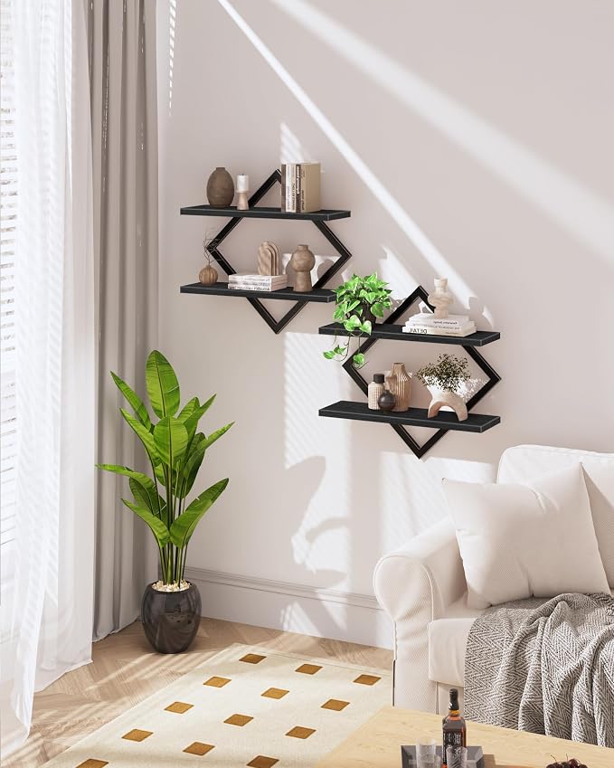 Floating Shelves, Set of 2 Wall Shelves, 2-Tier Hanging Shelves, Wall Shelf Set of 2, Wall Mounted Shelves, for Living Room, Bedroom, Kitchen, Office, Study, Black TBJ01P2BB