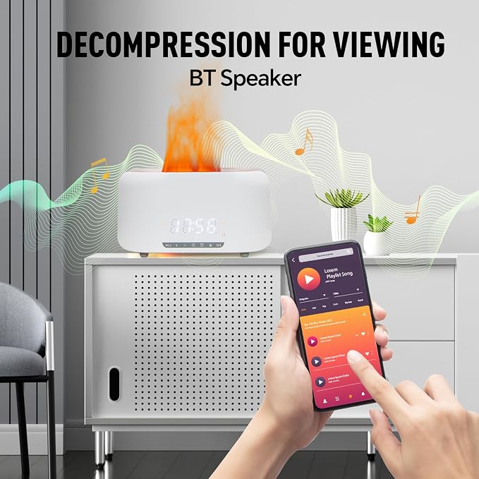 Aroma Essential Oil Diffuser & Humidifier 400mL, 5-in-1 Flame Effect Ultrasonic Diffuser with Bluetooth Speaker, LED Night Light & Clock, Quiet Diffuser for Bedroom Sleep Relaxation (White)