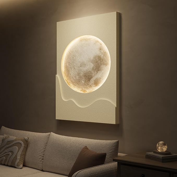 Cuspin Large Modern Minimalist White 3D LED Moon Wall Art 24x36 In | Warm lighted wall art, Cream tones wall decor, Lunar pictures, Soft textured wall art for living room bedroom dining room