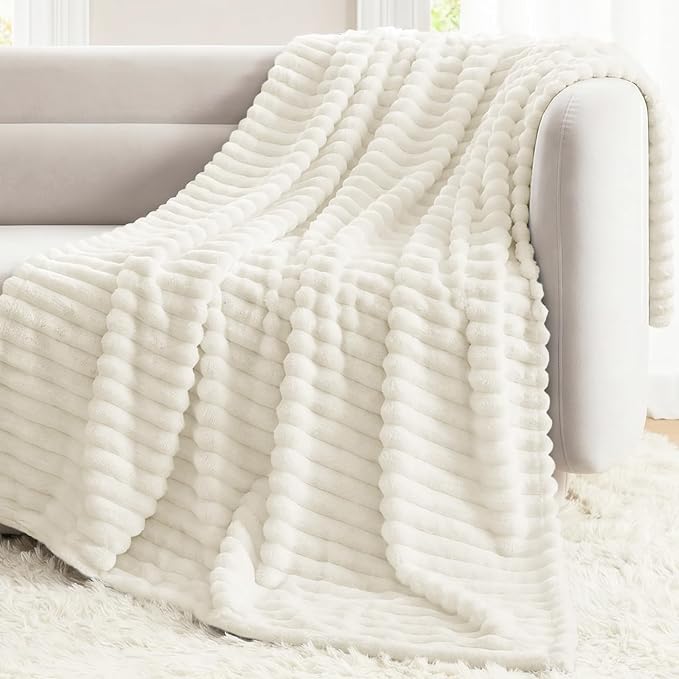 Cream White Throw Blanket for Couch & Bed, 50 x 60 Inch | 300GSM Ribbed Fleece Blanket, Soft, Cozy & Lightweight, OEKO-TEX Certified, All-Season Use for Travel, Dorm & Home Decor