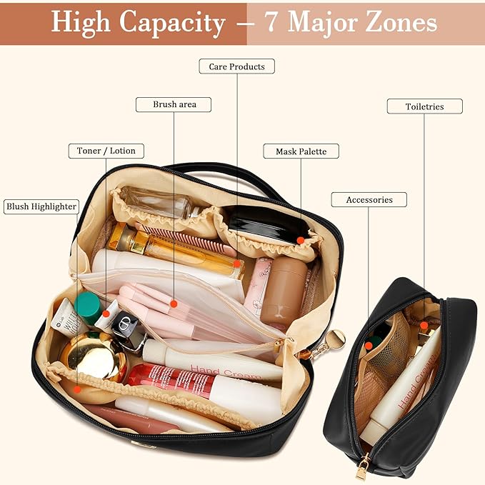 Birthday Gifts for Women Teen Girl, Personalized Initial Makeup Organizer Bag Set, Open Flat Travel Cosmetic Bag With Clear Divider and Handle(Black,L)