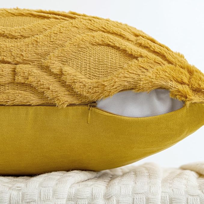 MIULEE Fall Mustard Yellow Plush Faux Wool Lumbar Throw Pillow Covers 12x20 | Set of 2, Farmhouse Boho Home Decor, Decorative Cushion Covers for Sofa, Living Room, Bed