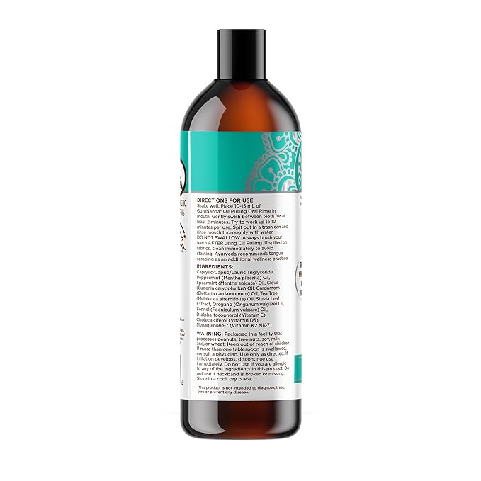 GuruNanda CocoMint Oil Pulling Mouthwash for Complete Oral Hygiene, 7 Essential Oils & Vitamins for Happy Teeth & Gums & Fresh Breath, with 2 Toothbrushes & Tongue Scraper, Alcohol-Free, 6X8 oz