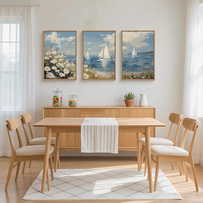 FWIEXA Beach Coastal Wildflower Canvas Wall Art Framed, Ocean Sailboats Pictures Wall Decor, Flower Seascape Painting, 3 Pieces 16x24In Nautical Blue Sky Artwork for Living Room, Bedroom, Bathroom, Rustic Farmhouse