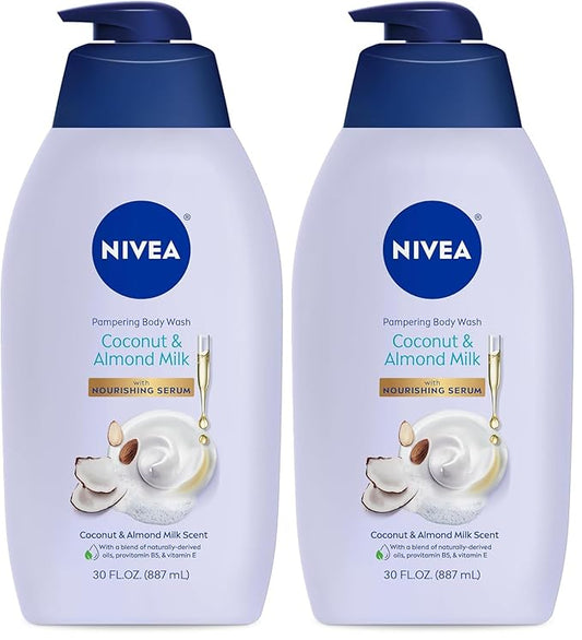 NIVEA Pampering Coconut and Almond Milk Body Wash with Nourishing Serum,Moisturizing Body Wash for Women,Enriched with Provitamin B5 and Vitamin E,30 Fl Oz Bottle,(Pack of 2)