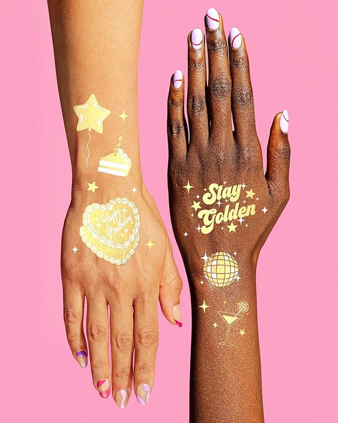 xo, Fetti Golden Birthday Temporary Tattoos - 50 gold styles | Birthday Party Decorations, Fun Birthday Girl Party Favors, HBD, Older Wiser Hotter, Fifty and Fabulous, Funny Bday Gift