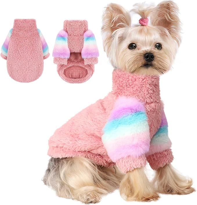 Dog Sweaters for Small Dogs, Chihuahua Fleece Clothes, Clothes Winter Warm Puppy Boys Girls, Rainbow Sleeve Sweater,Tiny Outfits Teacup Yorkie (Pink, Medium)