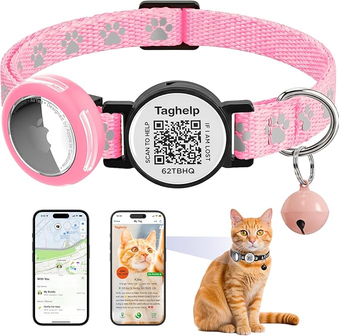 Waterproof Breakaway Cat Collar with Paw Prints - Secure Apple AirTag Holder, Smart QR Code Tag for Instant Location Alerts (No App), Adjustable GPS Tracker Collar for Cats (Pink)