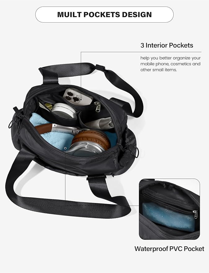 Uselike Small Gym Bag for Women, 7L Mini Duffle Bag for Travel, Lightweight Quilted Puffer Bag for Daily, Cute Shoulder Bag for Dance with Wet Pocket (Black)