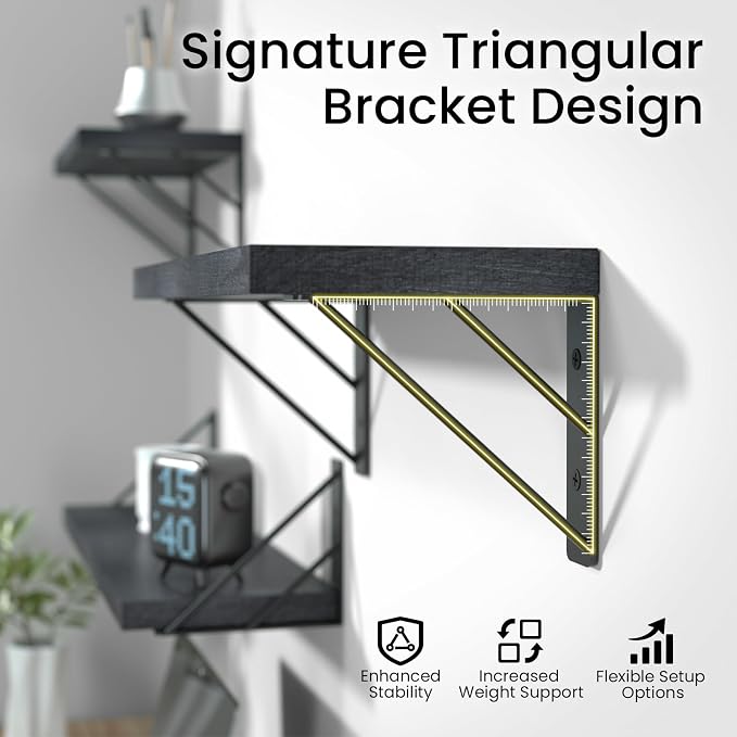 BAYKA Wall Mounted Floating Shelves, Wood Floating Wall Shelf for Books & Decor, Small Space-Saving Display & Organizer（Black，23in，Set of 3）