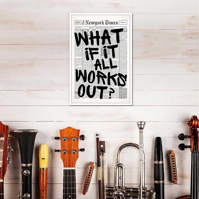 Retro Black And White Newspaper Poster What If It All Works Out Canvas Wall Art Positive Affirming Quote Minimalist Prints Painting For Home Bedroom Dorm Wall Decor 12x16in Unframed