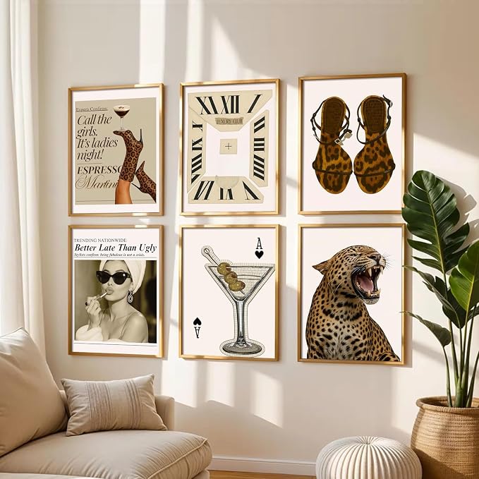 Mynotix Vintage Leopard Poster Set of 6, Trendy Cheetah Y2K Wall Art, Fashion Martini Wall Decor Preppy Girl Canvas Paintings Prints Artwork for Living Room Bedroom Dorm 8x10 inch Unframed