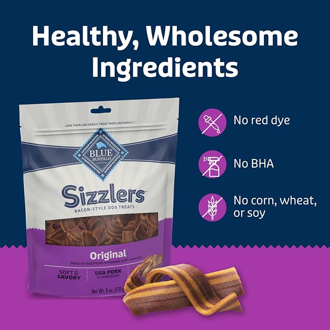 Blue Buffalo Sizzlers Pork Bacon-Style Dog Treats, 6 oz | Real USA Pork First, Soft & Chewy Texture, Tear for Portion Control, No Red 40, BHA, Corn, Wheat, or Soy
