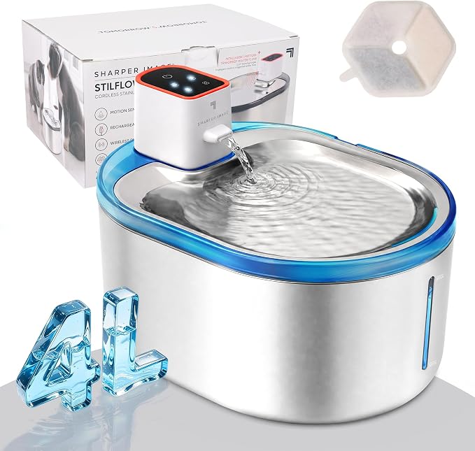Sharper Image Stainless Steel Cat Water Fountain, Cordless 4L Rechargeable | 2 flow modes, LED alerts, Type-C battery, 10.4x7.8x4.8in, for cats dogs