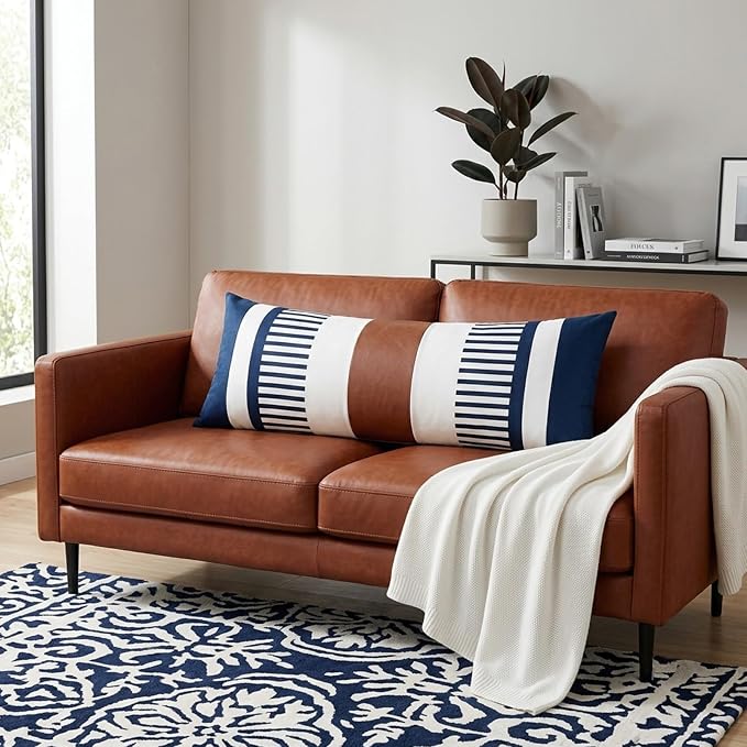 14x36 Lumbar Pillow Cover, Navy Blue Stripe and Brown Faux Leather Color Block Long Throw Pillow Case for Couch Bed Sofa, Farmhouse Modern Decorative Body Cushion Cover for Covered Porch